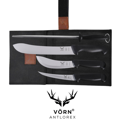 Vorn Antlorex 4PCS Farm Butcher Knife Set with 12" Sharpening Steel & Canvas Wrap