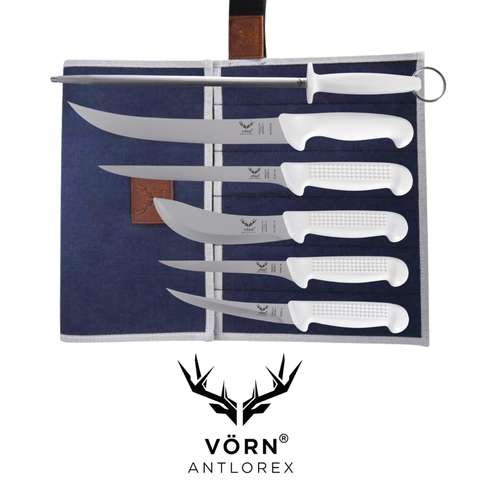 Vorn Antlorex 6PCS Sportmans All Rounder Butcher Knife Set with 12" Sharpening Steel & Canvas Wrap