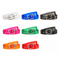Eight faux leather belts in assorted vibrant colors (white, blue, black tranlucent, pink, green, black matte, orange, red) are arranged on a solid white background, each coiled to show its silver-tone buckle.