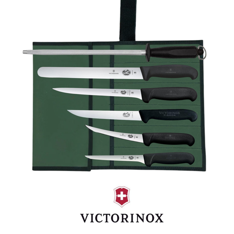 Victorinox 6PCS Fishing Knife Set for Fishermen – Professional Fillet & Fish Processing Kit with Heavy Duty Canvas Knife Roll