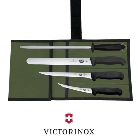 Victorinox 4PCS Fishermen's Skinner & Fillet Fishing Knife Set with 12" Sharpening Steel and Canvas Wrap