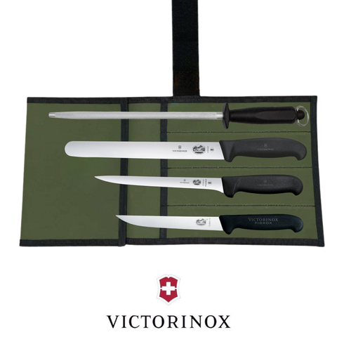 Victorinox 4PCS Fisherman's Fishing Knife Set – Professional Fillet, Skinning & Utility Knife Package with 12" Sharpening Steel and Canvas Wrap