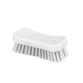 A white, rectangular-shaped brush with a curved top and bristles, sitting on a white background.