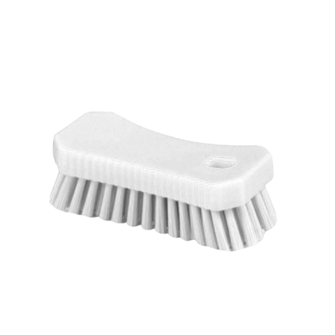 A white, rectangular-shaped brush with a curved top and bristles, sitting on a white background.