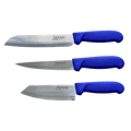 three knives with blue handles on a black background