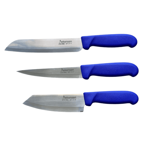 three knives with blue handles on a black background