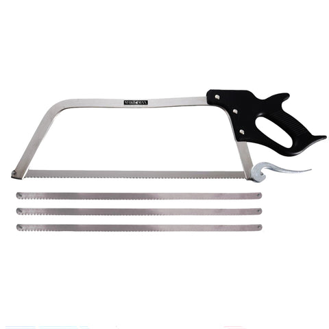 A metal hacksaw with a black handle and three interchangeable silver blades, shown on a plain white background.