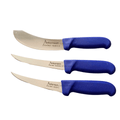 three knives with blue handles on a black background