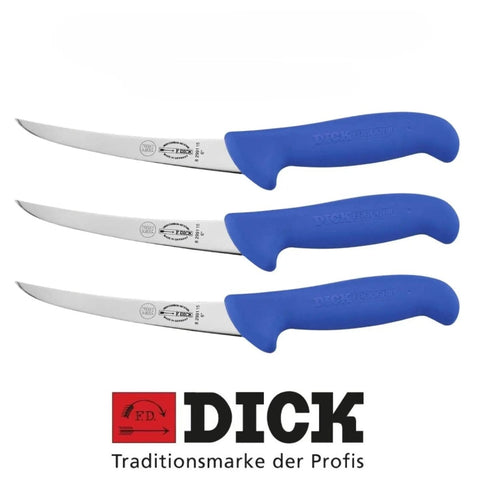 SET OF 3 F.DICK ERGOGRIP 15CM 6" BUTCHERS CURVED STIFF BONING KNIFE BLUE F DICK