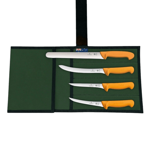 a set of five knives in a case