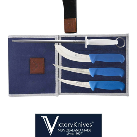 Victory 4PCS Butchers Knife Set  Hollow Ground Boning Knife Skinning 12" Steel Canvas Knife Wrap - Blue