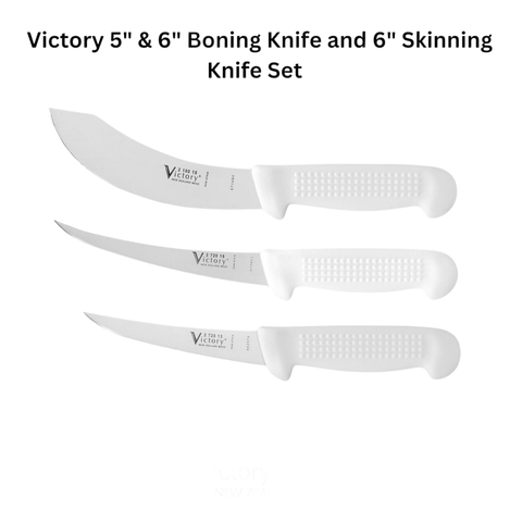 a set of three knives, including a 5" and a 6" Boning Knife and a 6" Skinning Knife, arranged in a row.