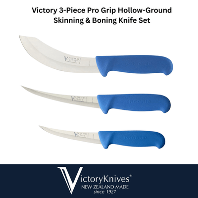 Victory Pro Grip 3PCS Skinning &  Curved Boning Knife Set Hollow Ground Blue