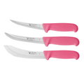 a set of three knives with pink handles