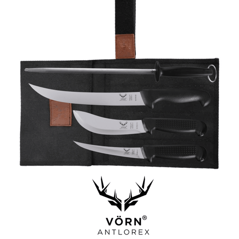 Vorn Antlorex 4PCS Farm Butcher Knife Set with 12" Sharpening Steel & Canvas Wrap