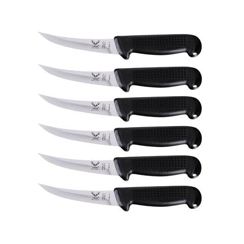 Set of six steak knives with black handles on a white background