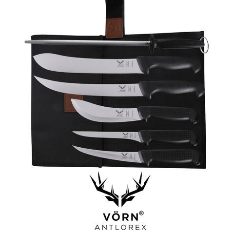 Vorn Antlorex 6PCS Premium German Steel Farm Butcher Knife with 12" Sharpening Steel & Canvas Wrap