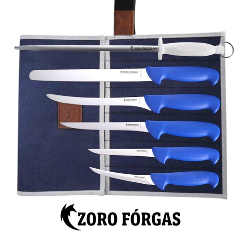 Zoro Forgas 6PCS Professional Fishermen Boat Knife Set with 12" Sharpening Steel & Canvas Wrap